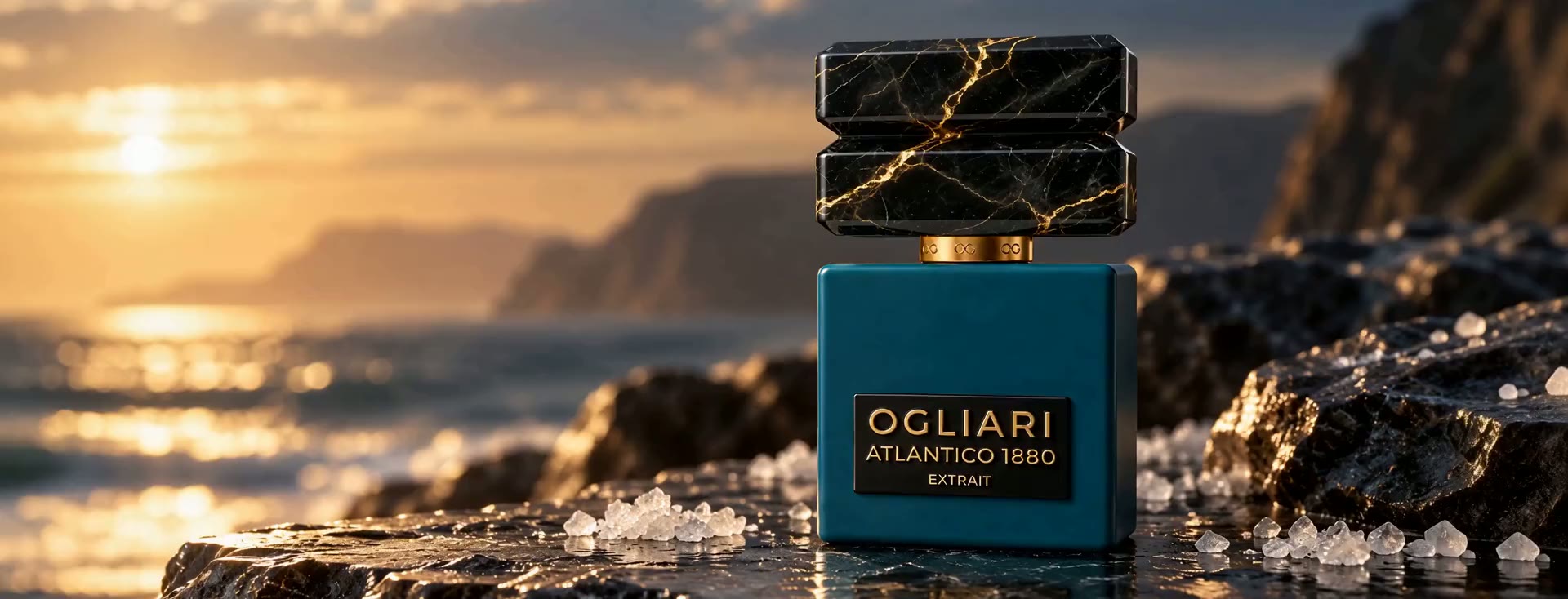 Fragrâncias Ogliari sobre rochas ao pôr do sol